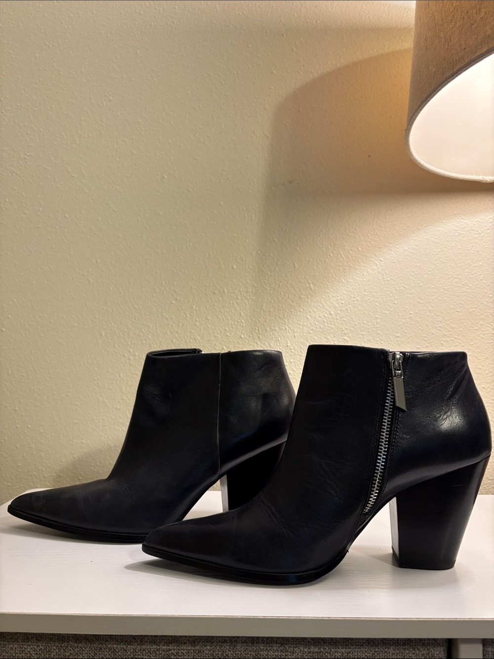 Calvin Klein Black Leather Pointed Ankle Booties with Side Zip
